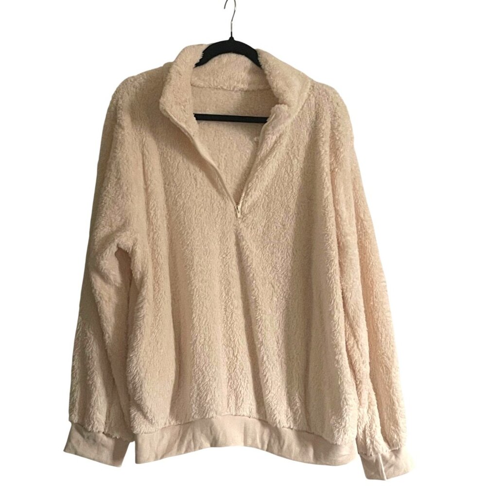 Cream Minky Plush Teddy Quarter Zip Lightweight Pullover – Super Soft Size XL - Picture 3 of 6